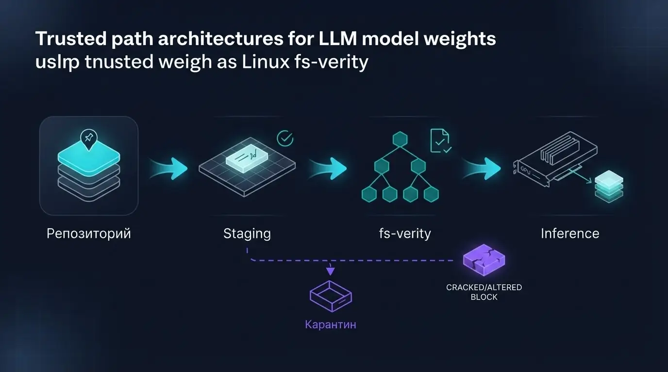 Схема доверенного пути весов LLM через staging и fs-verity к inference