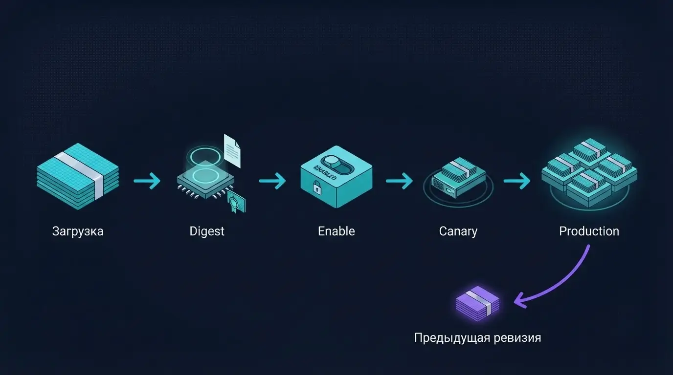Схема rollout весов LLM от загрузки и digest до canary и production