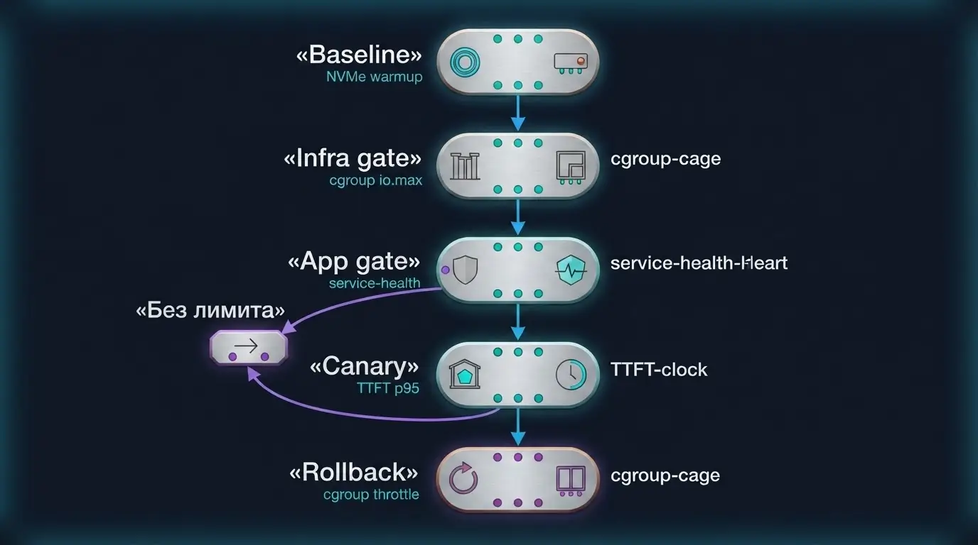 Production rollout I/O-лимита: baseline, infrastructure gate, application gate, canary и rollback