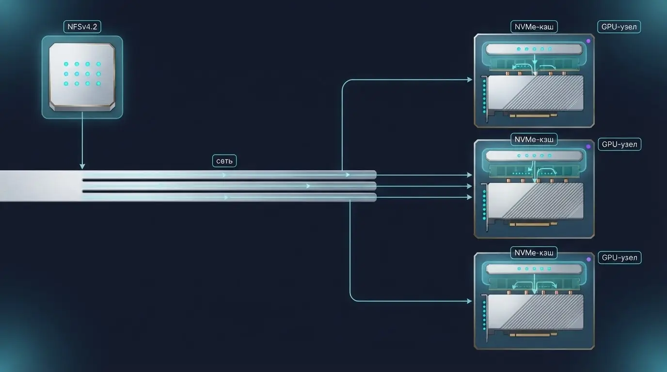 Схема потока весов модели от NFSv4.2 через сеть в локальный NVMe-кэш GPU-узлов