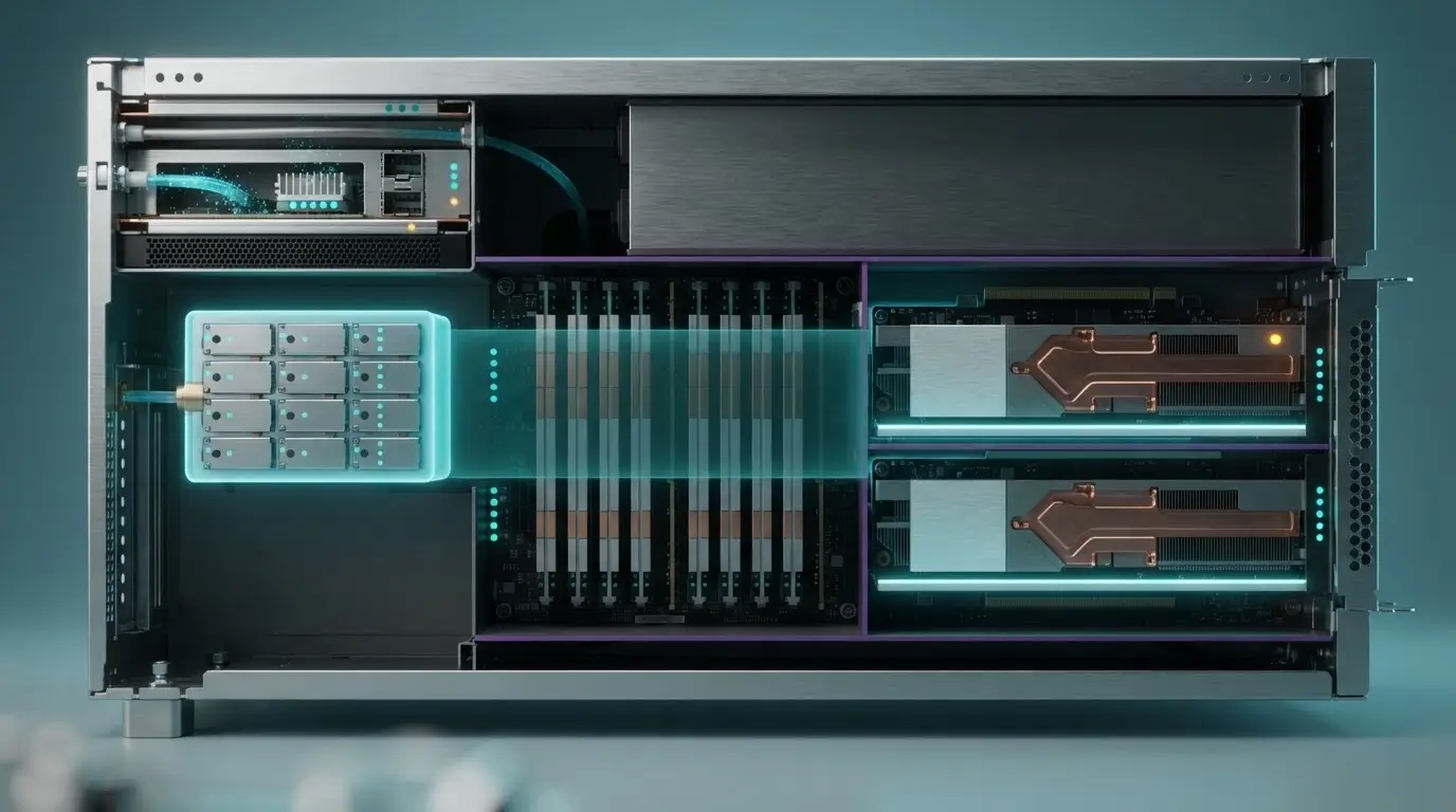 Аппаратный путь данных в GPU-сервере: сеть, локальный NVMe, оперативная память и ускорители