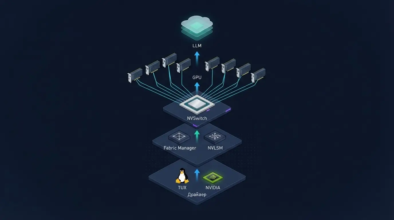Схема стека NVIDIA driver, Fabric Manager, NVLSM, NVSwitch и multi-GPU LLM