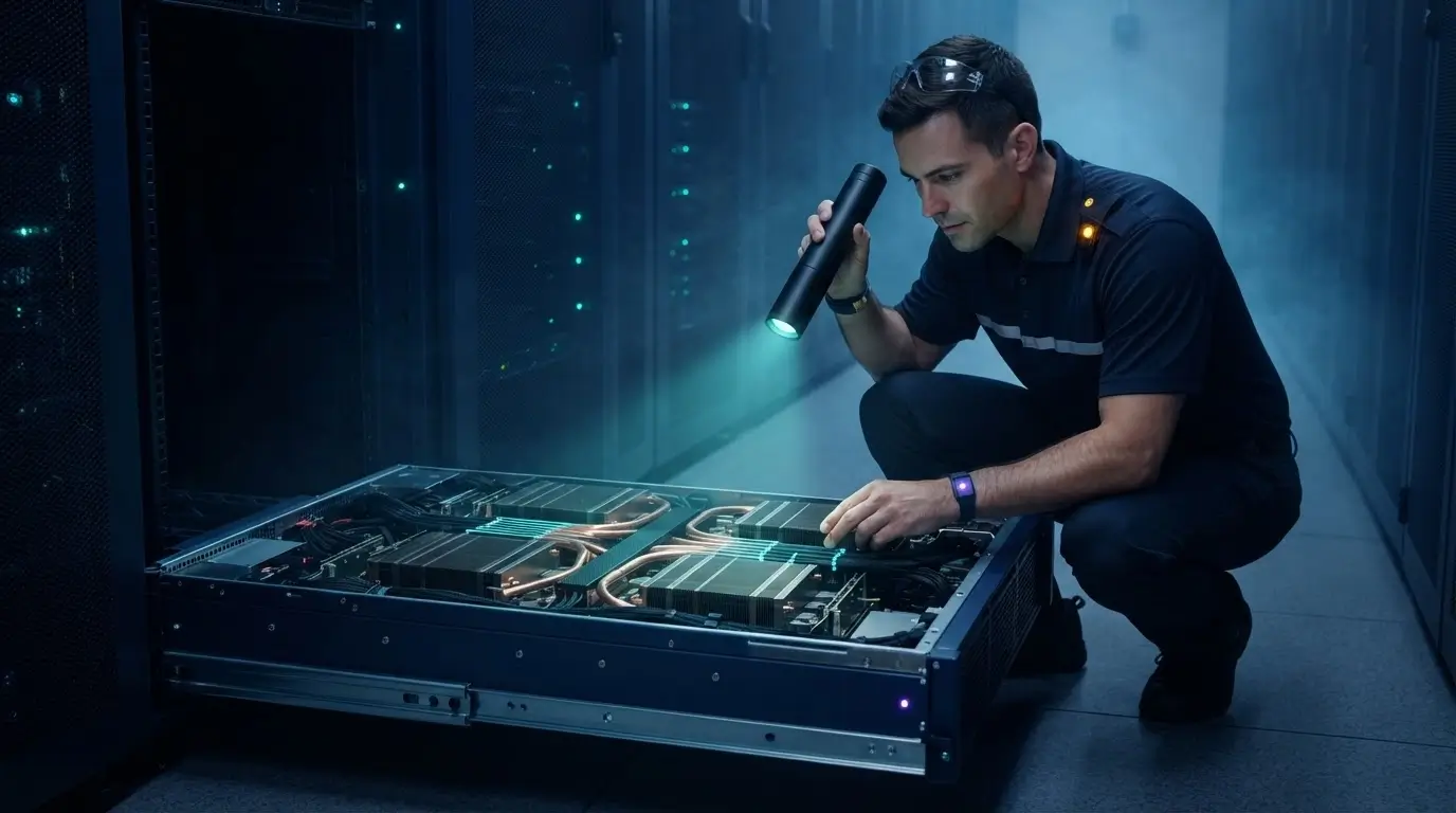 Инженер проверяет аппаратную топологию восьми GPU и NVSwitch внутри сервера