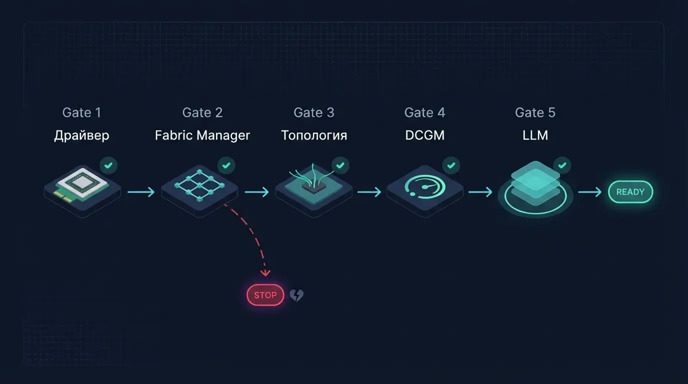 Последовательность readiness gates от драйвера и Fabric Manager до запуска LLM