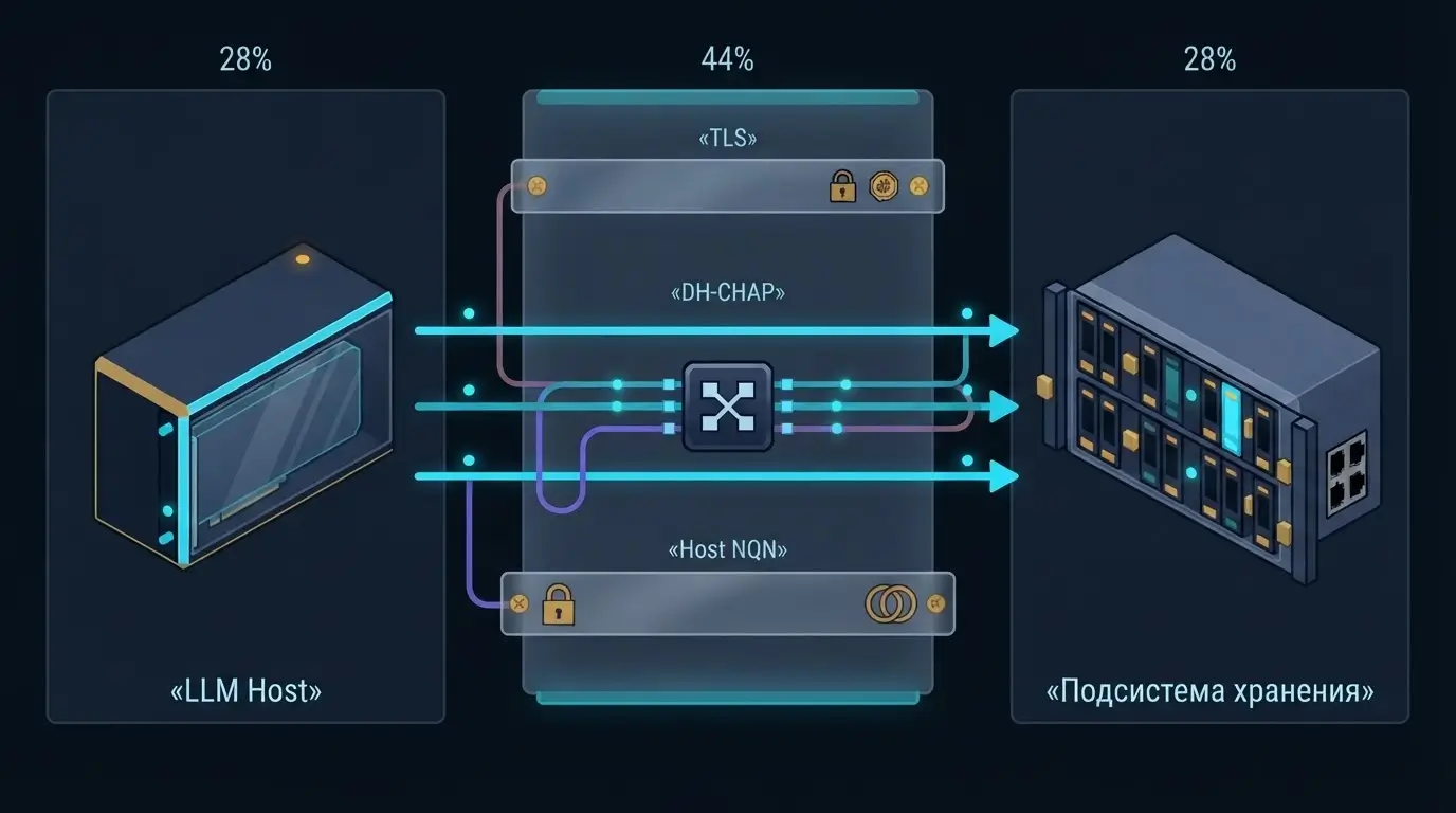 Схема трёх слоёв защиты NVMe/TCP: Host NQN, DH-HMAC-CHAP и TLS между GPU-узлом и хранилищем