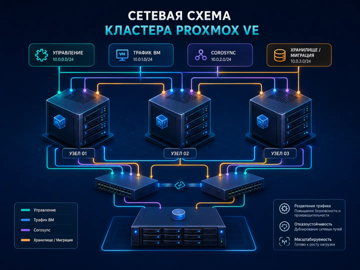 Сетевая схема кластера Proxmox VE с отдельными сетями управления, VM, Corosync и storage