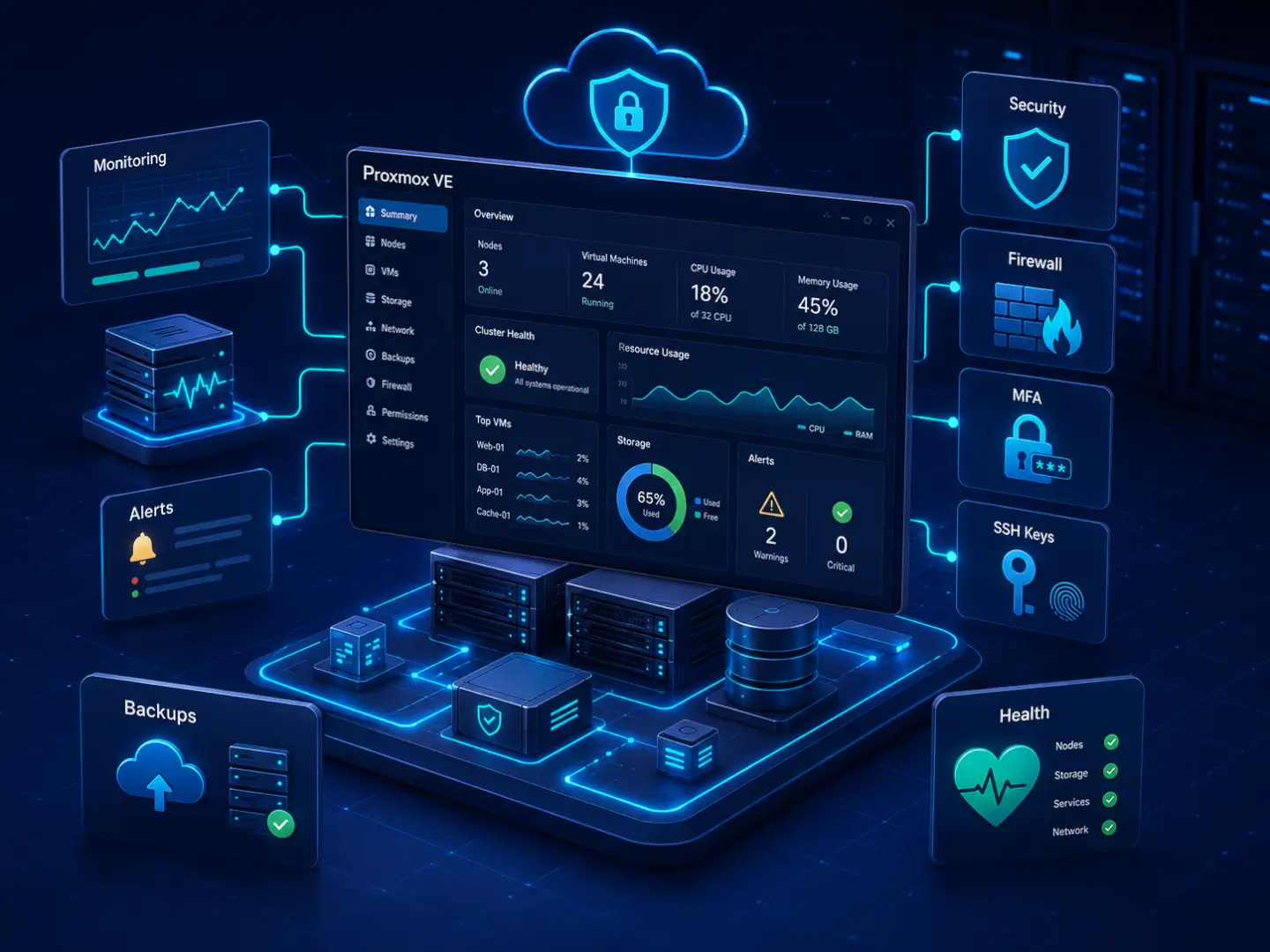 Мониторинг, firewall, MFA, SSH и резервное копирование в Proxmox VE