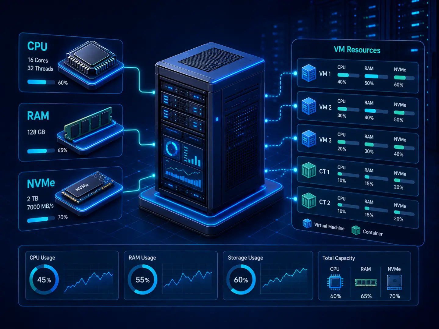 Распределение CPU, RAM и NVMe между виртуальными машинами и контейнерами Proxmox