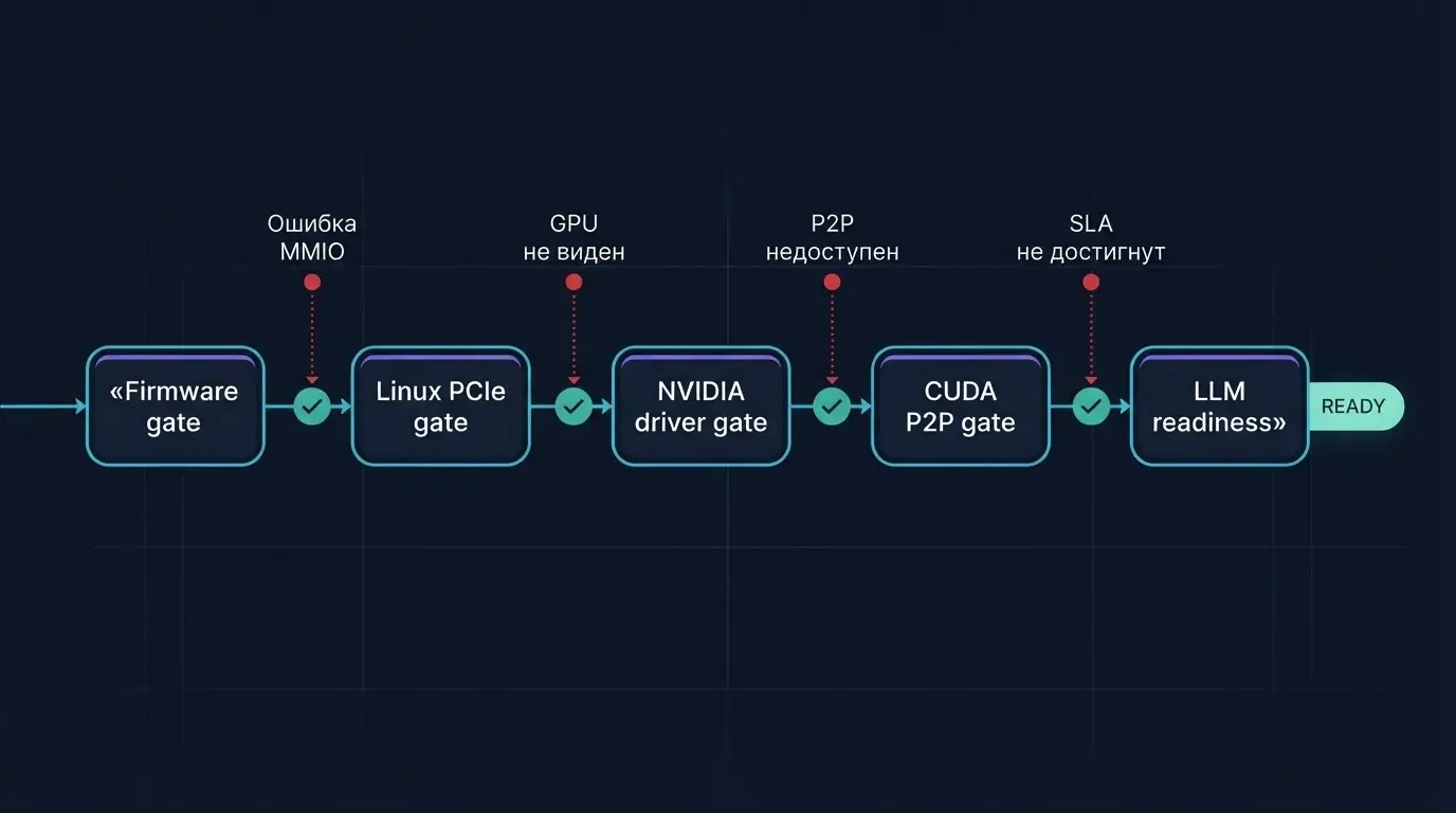 Схема gates от firmware и Linux PCIe до CUDA и LLM readiness