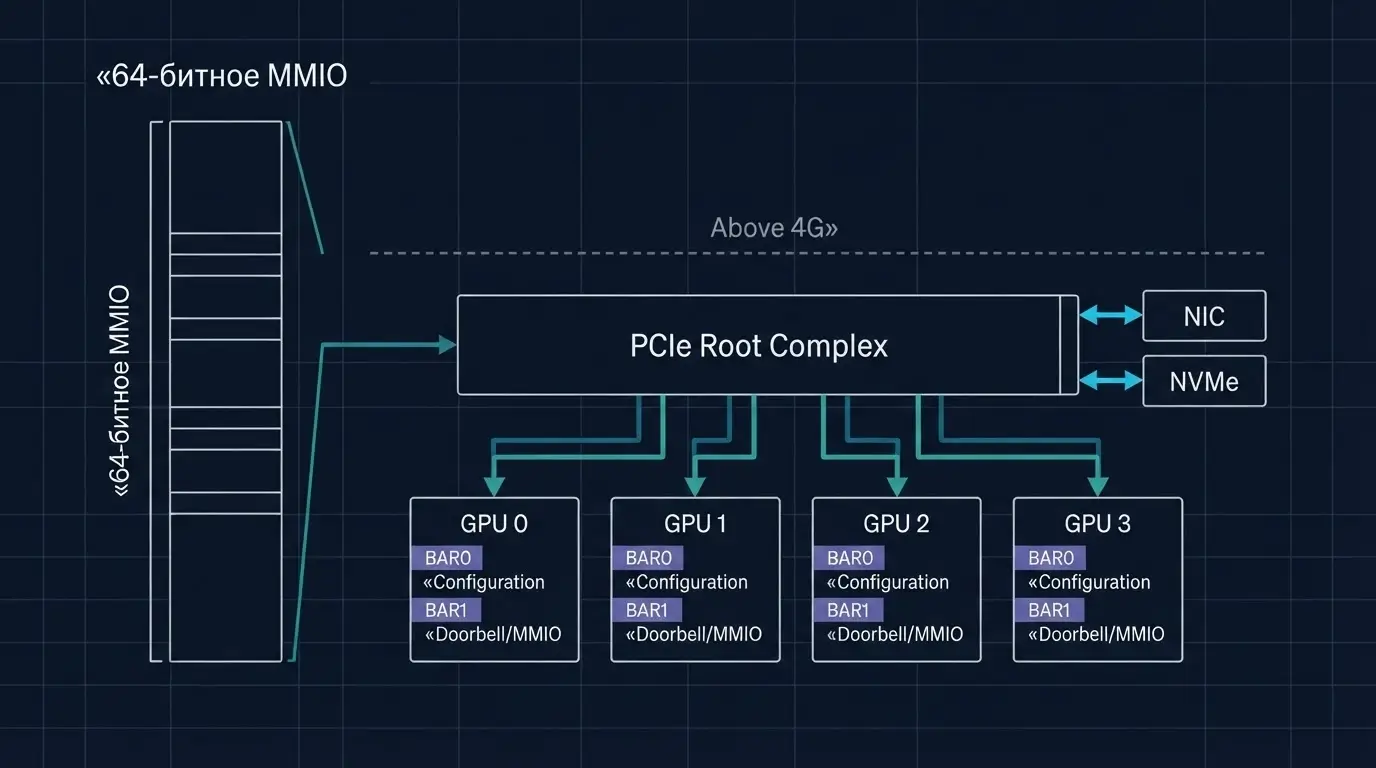 Схема распределения 64-битного MMIO между четырьмя GPU и PCIe-устройствами