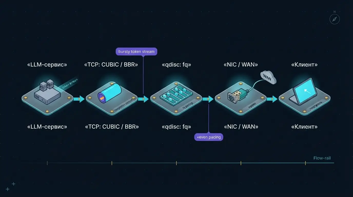 Схема пути LLM-стрима от TCP congestion control через fq и NIC к клиенту