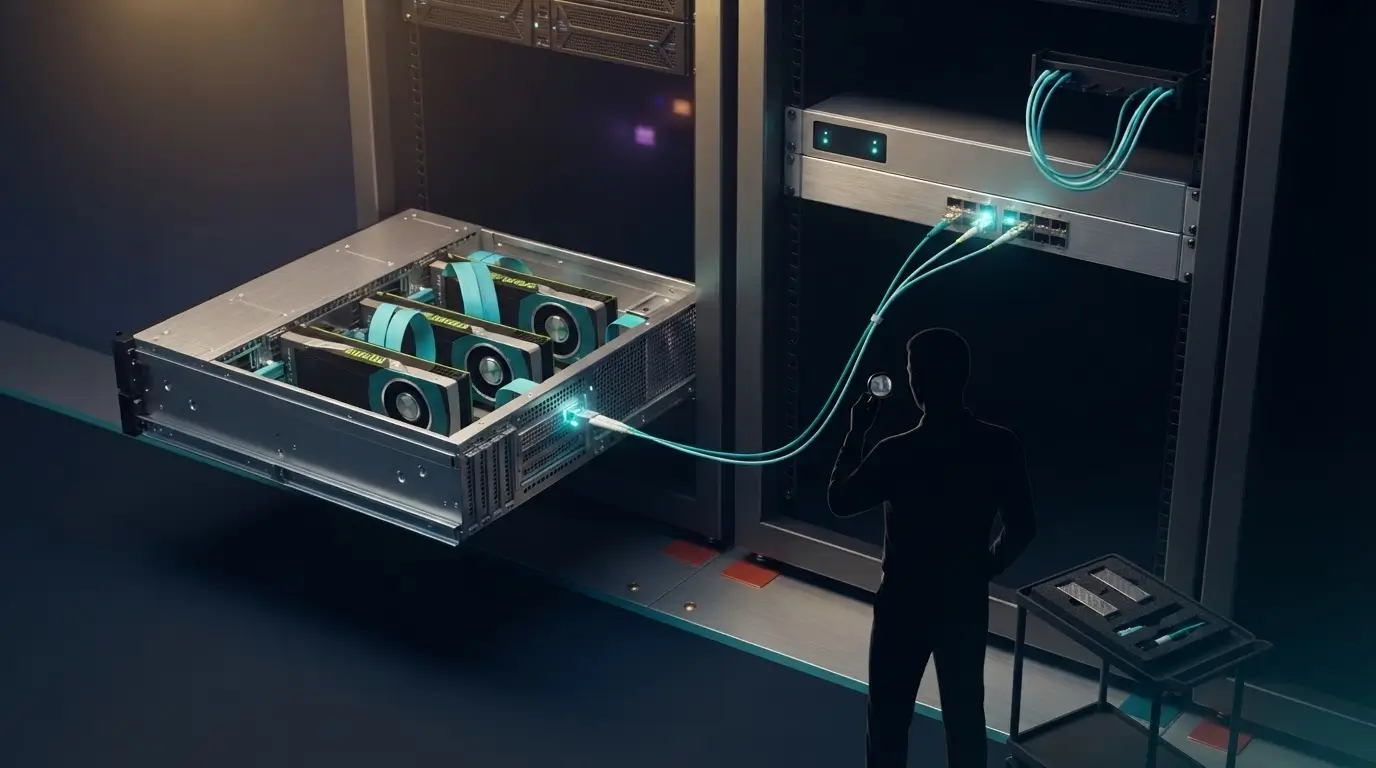 GPU-сервер, NIC и коммутатор при проверке сетевого тракта LLM-инференса
