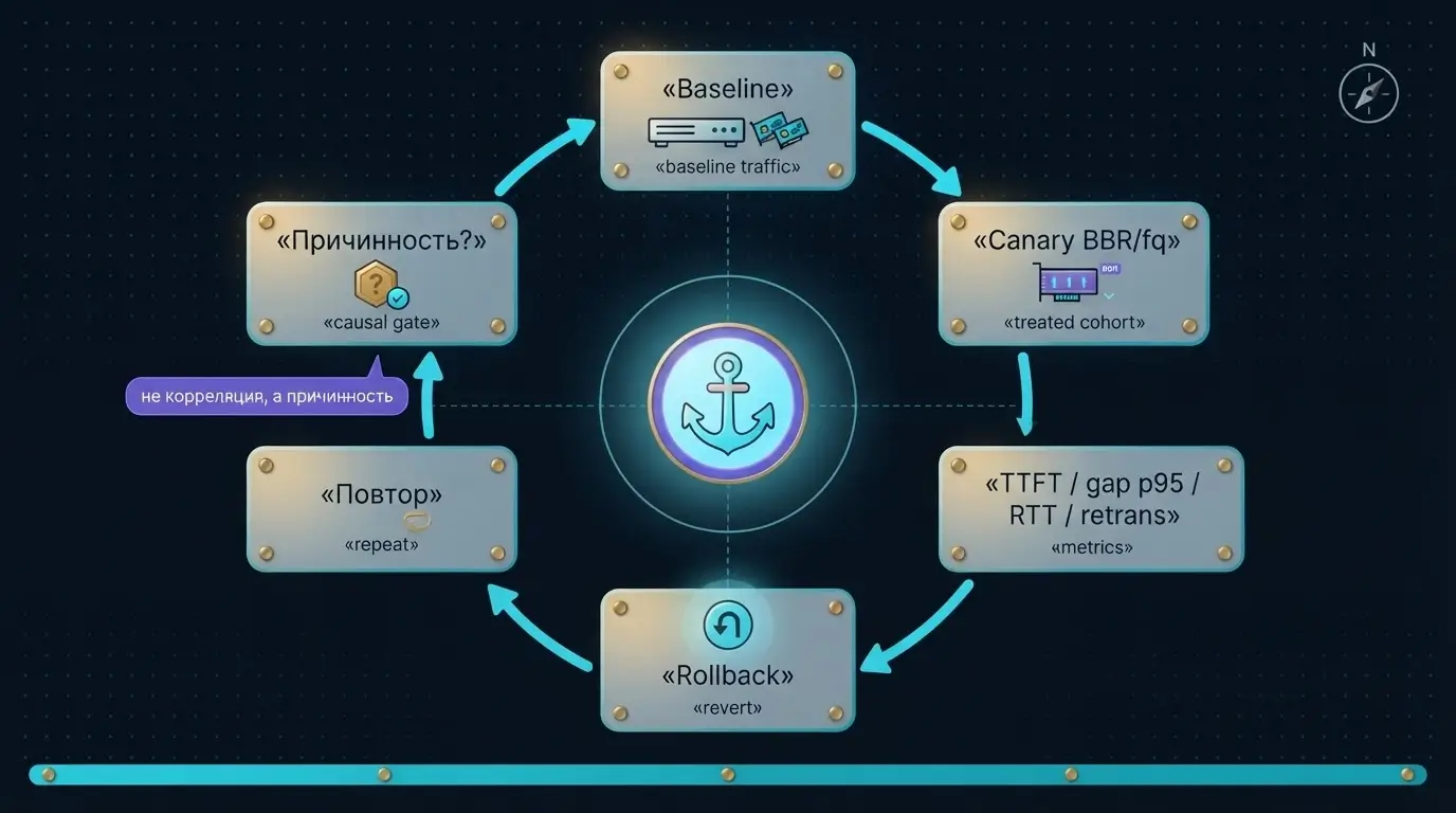Схема baseline, сетевого canary, rollback и повторной проверки