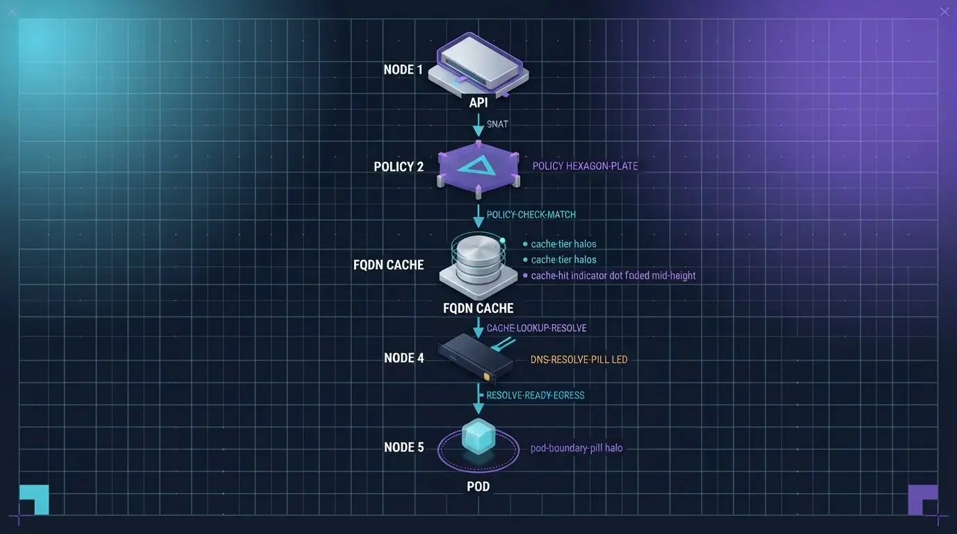Схема цепочки POD, DNS, FQDN cache, policy и внешний API