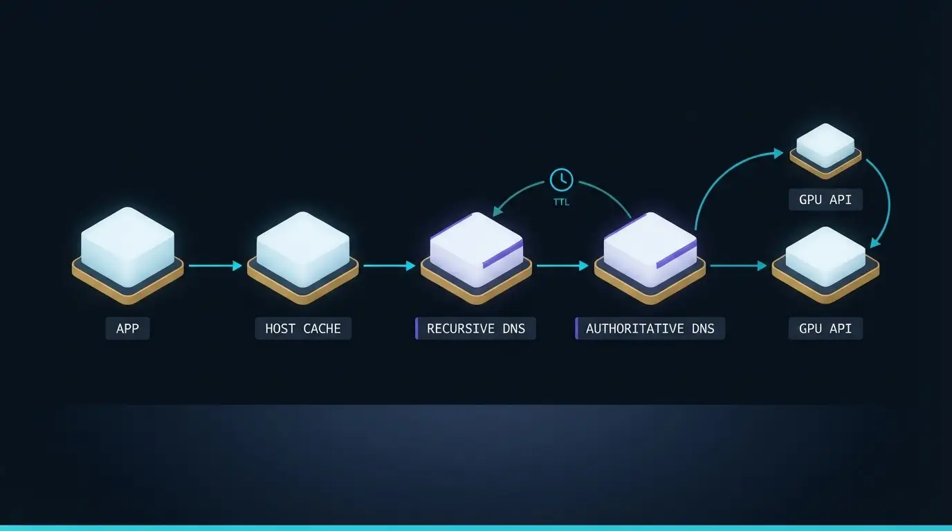 Путь DNS-ответа от приложения через кэши к двум площадкам LLM API