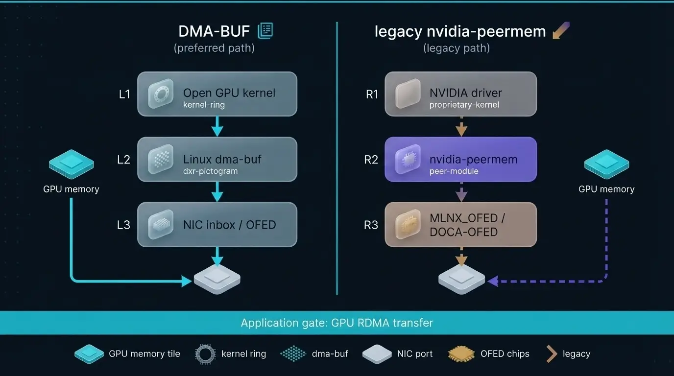 Схема DMA-BUF и legacy nvidia-peermem для регистрации GPU памяти в RDMA