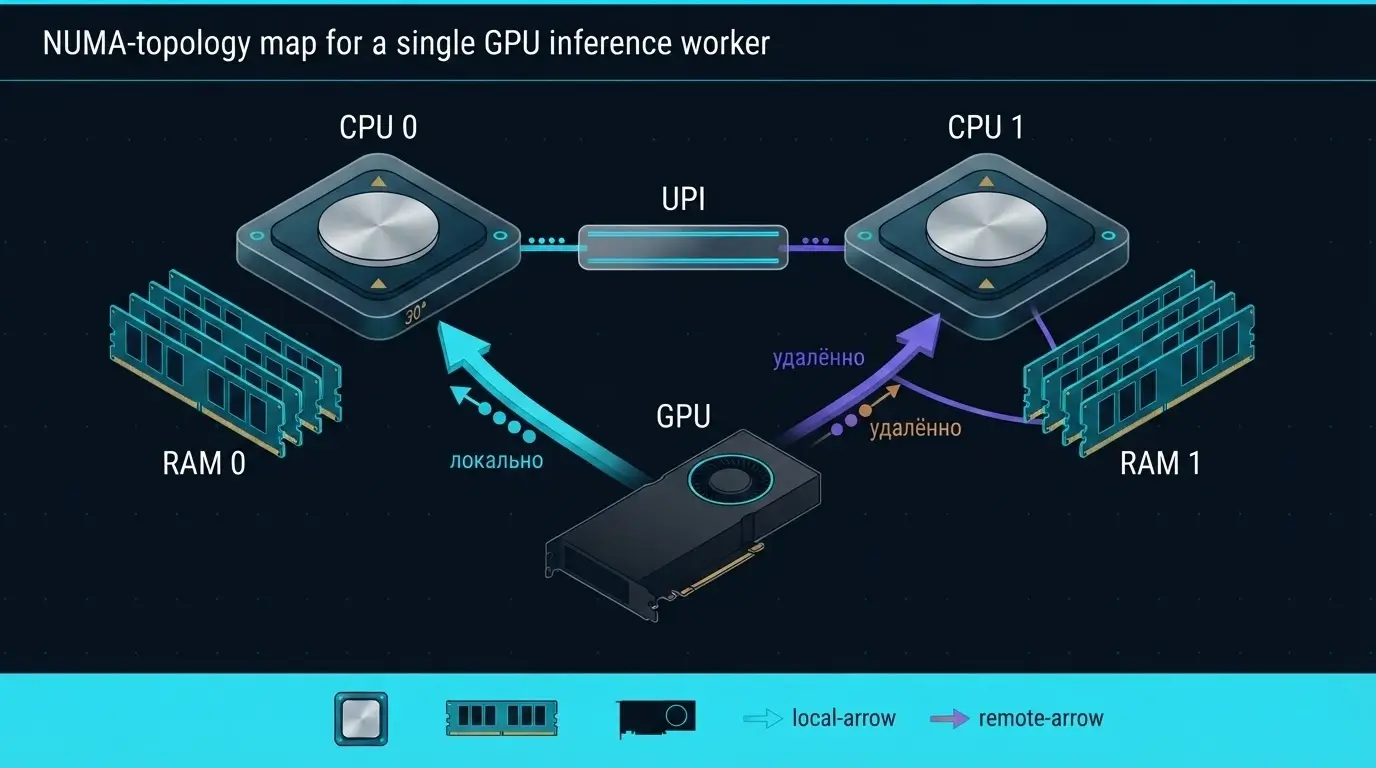 Схема локального и удалённого пути в двухсокетной NUMA-системе с GPU