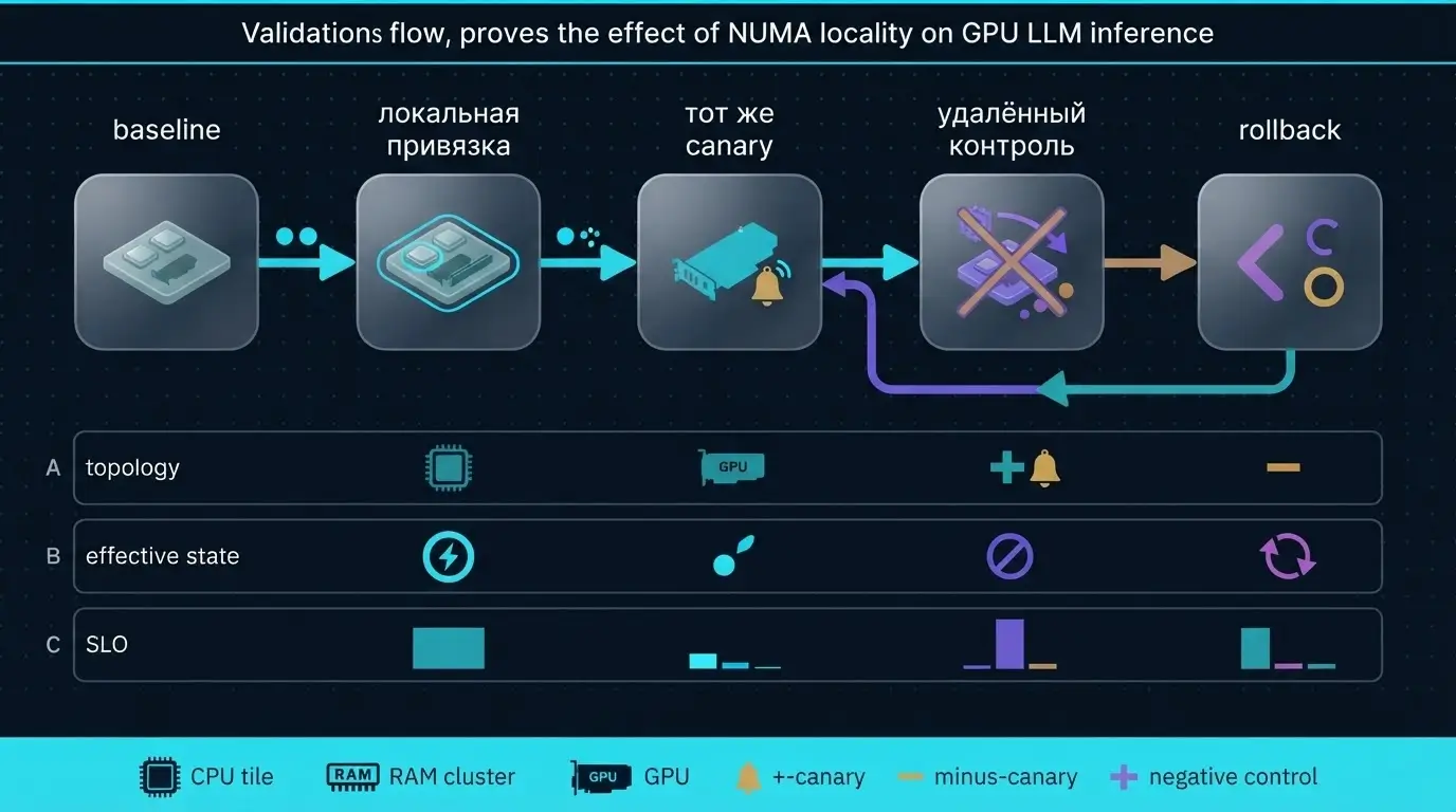 Схема проверки NUMA-locality через baseline, canary, отрицательный контроль и rollback