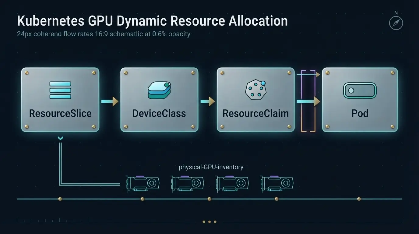 Цепочка Kubernetes DRA от ResourceSlice и DeviceClass до ResourceClaim и Pod