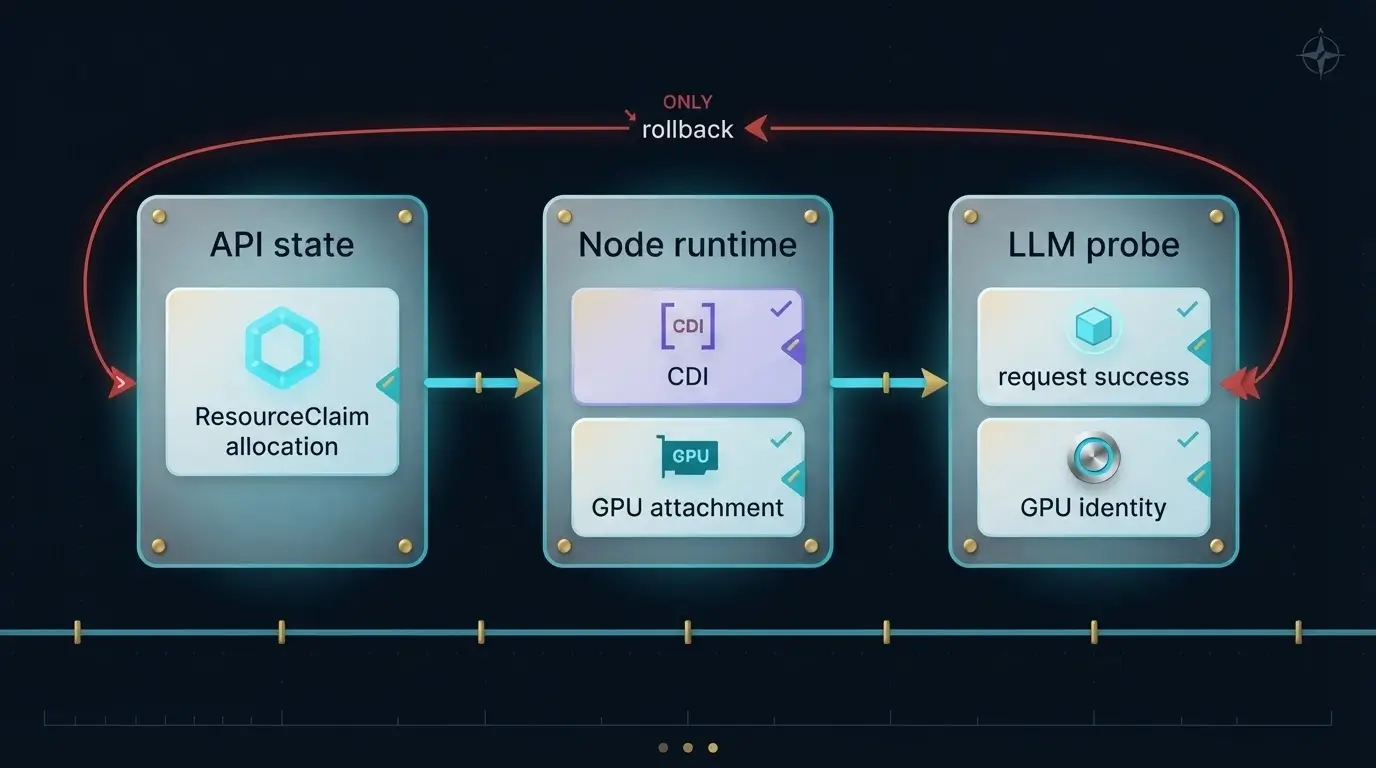 Три evidence gate для GPU DRA: API state, node runtime и LLM probe