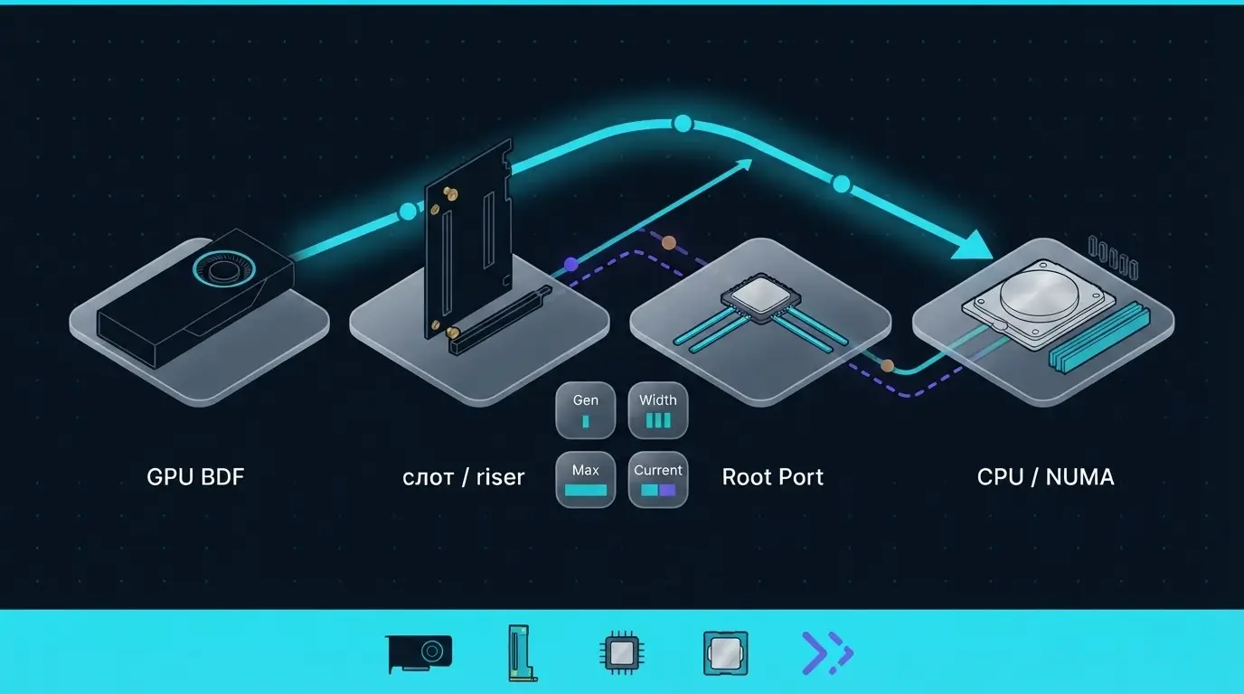 Схема PCIe-пути от GPU через слот и Root Port к CPU и NUMA-узлу