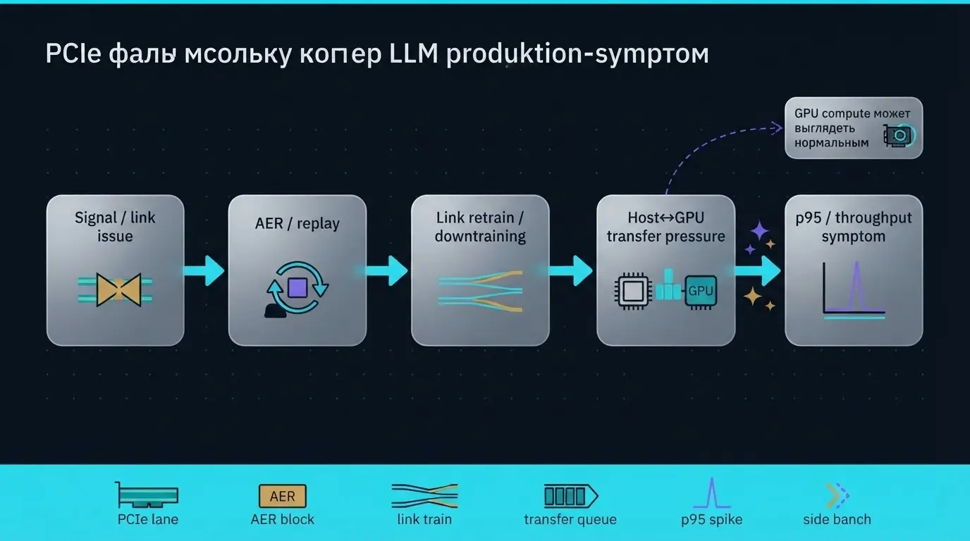Схема влияния PCIe AER и replay на retrain линии и метрики LLM inference