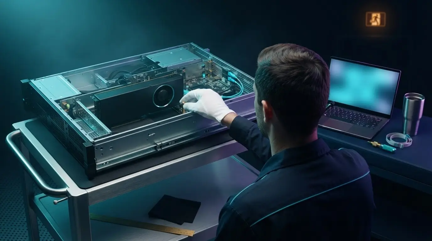 Инженер диагностирует GPU, riser и PCIe Root Port на сервере