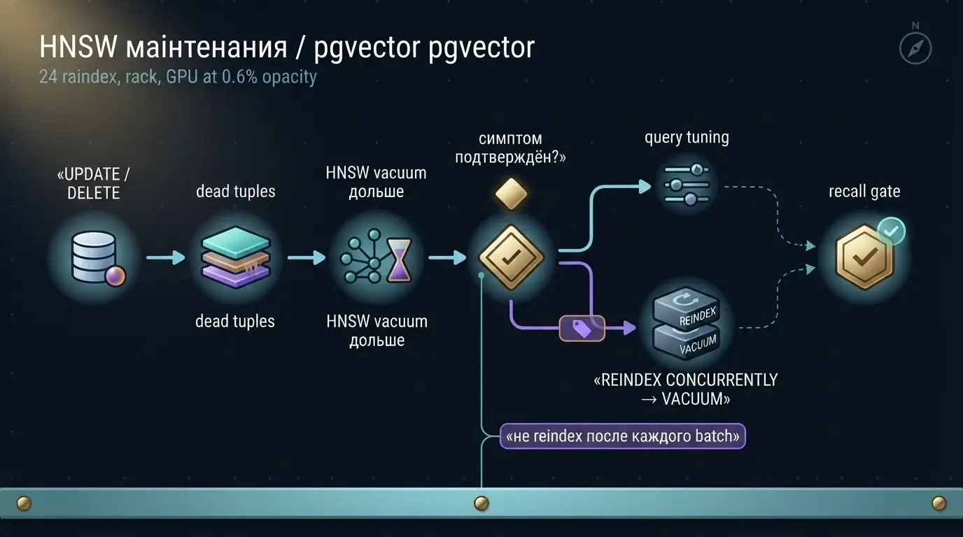 Схема диагностики HNSW после churn: dead tuples, query tuning, REINDEX CONCURRENTLY, VACUUM и recall gate