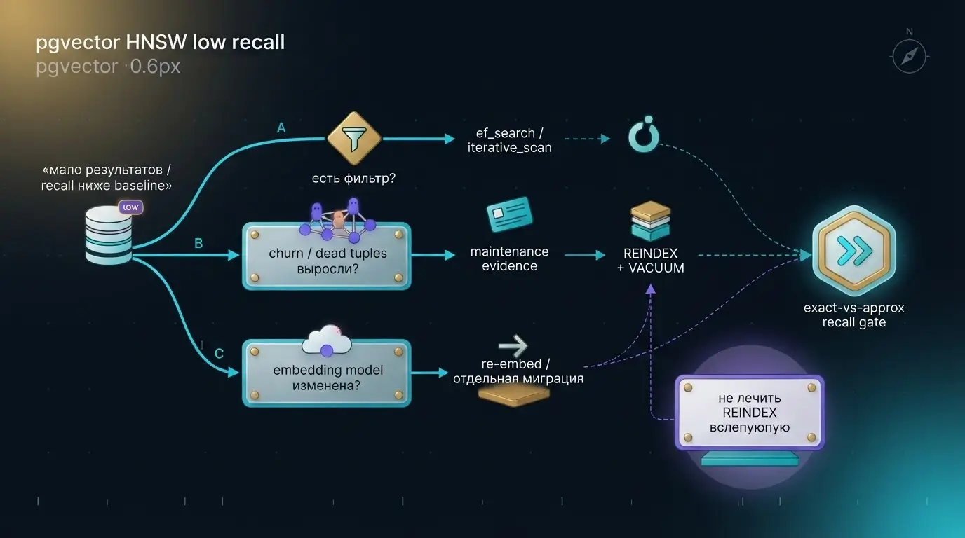 Decision tree отличает HNSW maintenance от проблем фильтрации, ef_search и смены embedding-модели