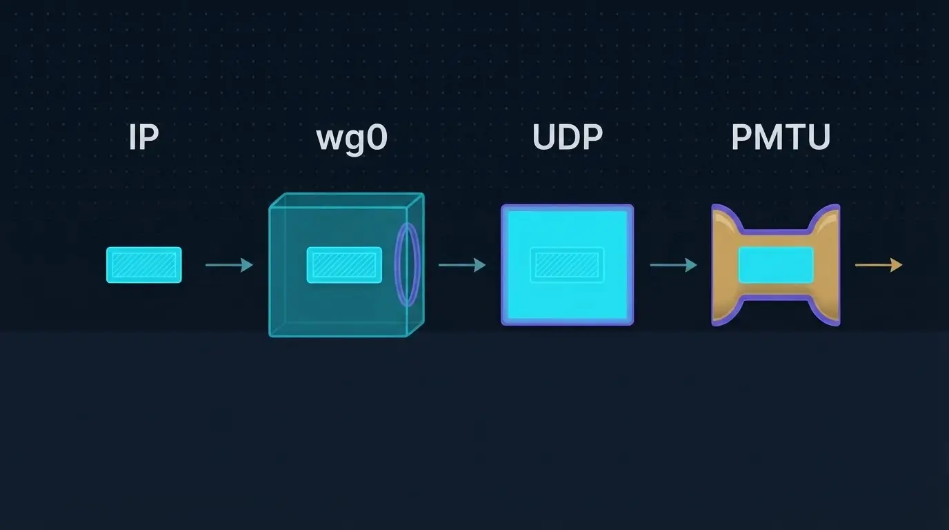 Схема инкапсуляции: IP-пакет проходит через wg0, получает UDP-обёртку WireGuard и должен уложиться в PMTU внешнего пути
