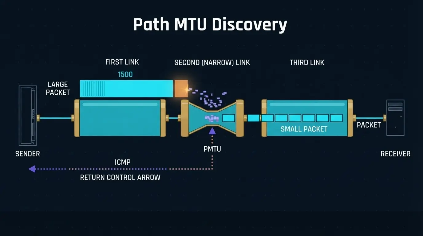Схема PMTUD: крупный пакет упирается в меньший MTU, а ICMP сообщает отправителю допустимый размер пути