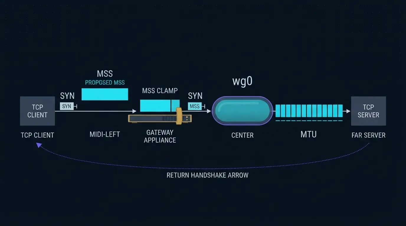 Схема TCP MSS clamp: MSS в SYN уменьшается под MTU маршрута, чтобы сегменты помещались в туннель WireGuard