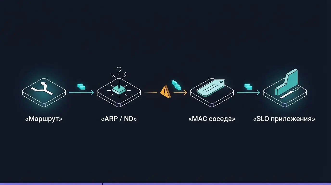 Схема доказательной цепочки маршрут, ARP или ND, MAC соседа и SLO приложения