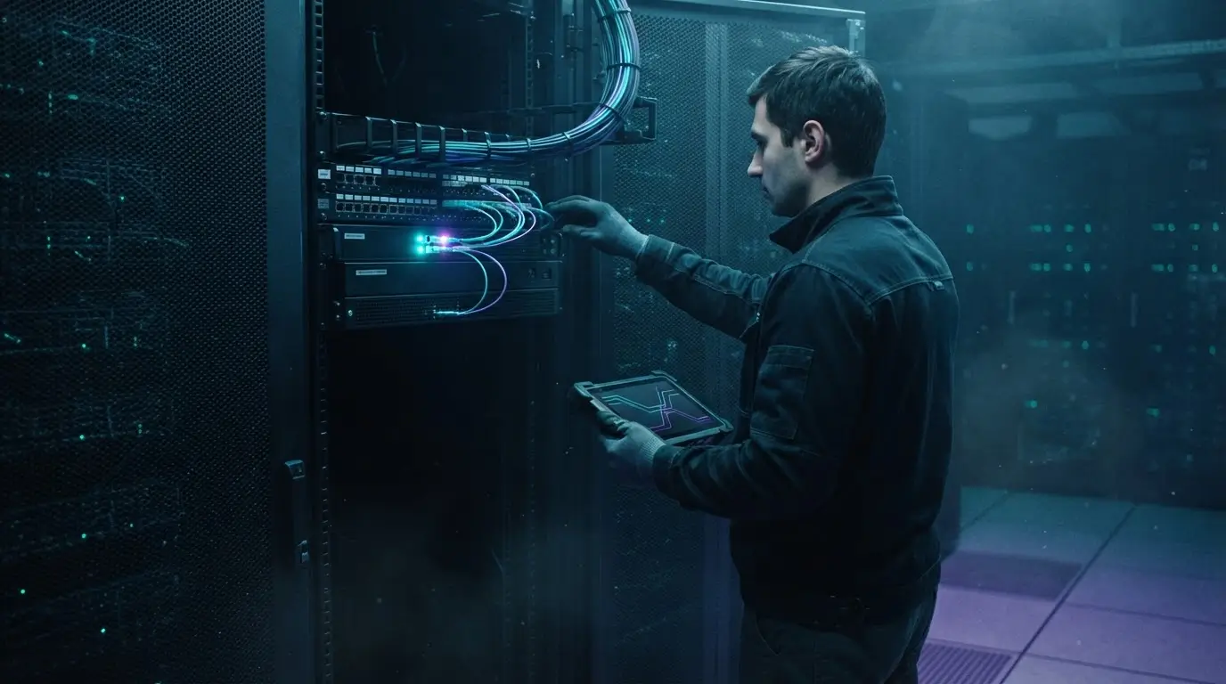 Инженер проверяет сетевой путь Linux gateway на стойке серверов
