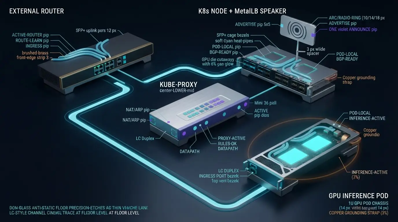 Путь запроса LLM API от маршрутизатора через MetalLB speaker и kube-proxy к GPU Pod