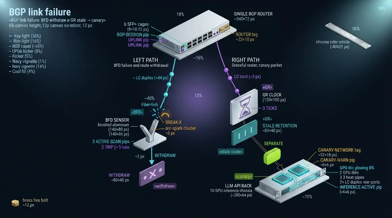 Схема отказа BGP next hop: BFD обнаруживает сбой, graceful restart сохраняет stale route, canary проверяет LLM API