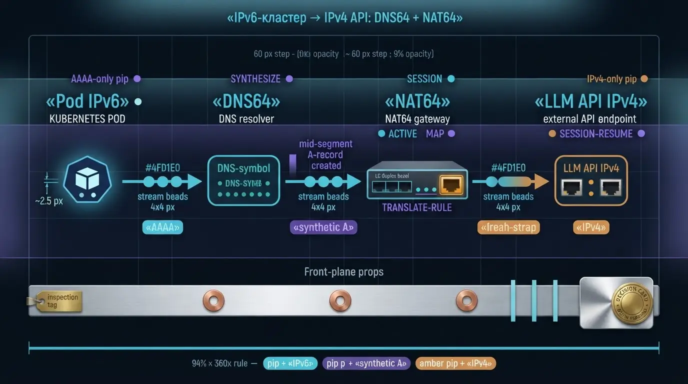 Схема пути Pod, DNS64, NAT64 и внешнего IPv4 LLM API
