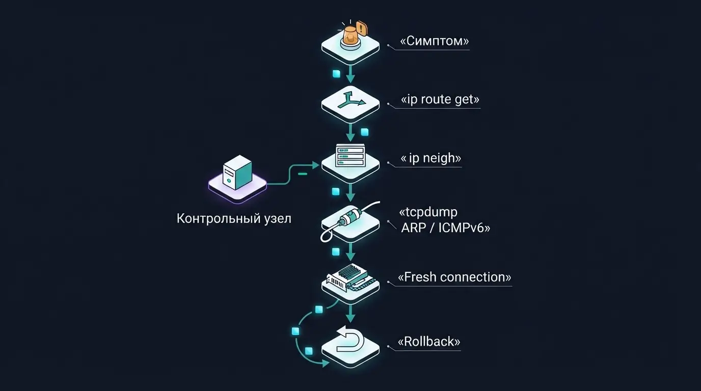 Пошаговая схема диагностики таблицы соседей Linux с контрольным узлом