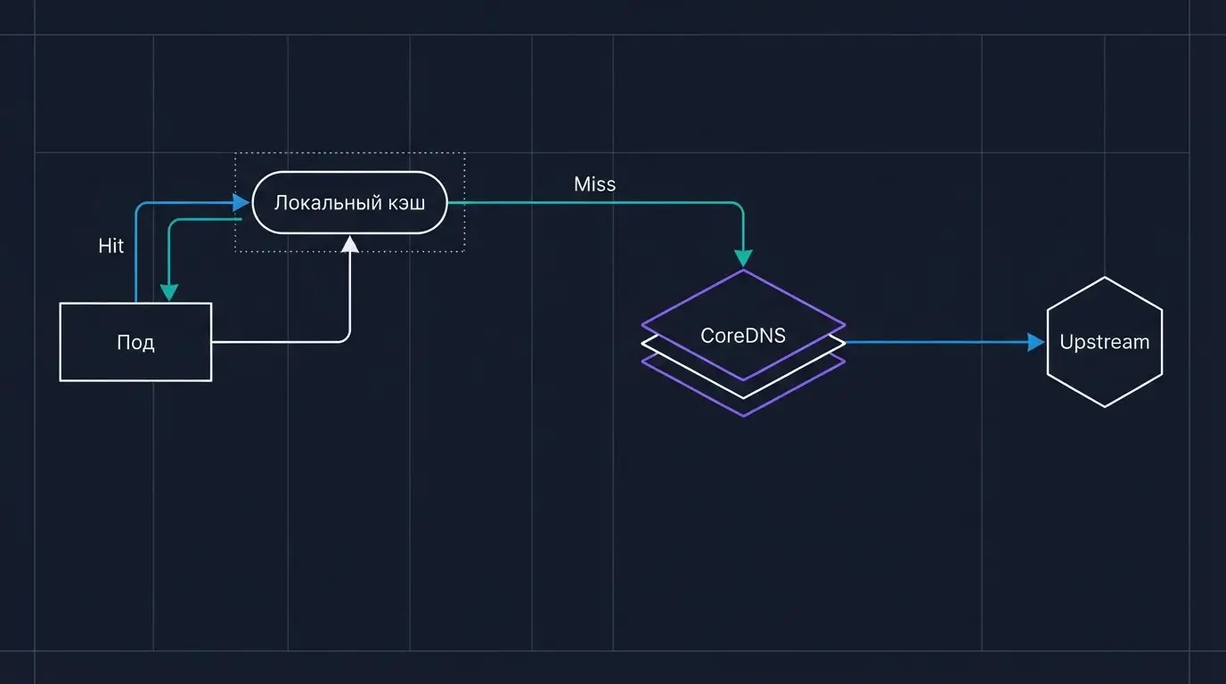 Схема пути DNS-запроса через NodeLocal DNSCache и CoreDNS