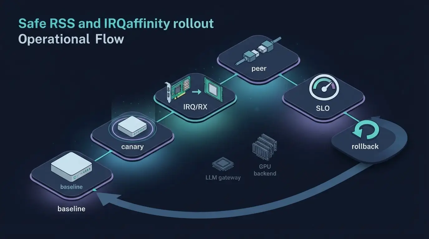 Цикл безопасного rollout: baseline, canary, IRQ и RX, SLO и rollback