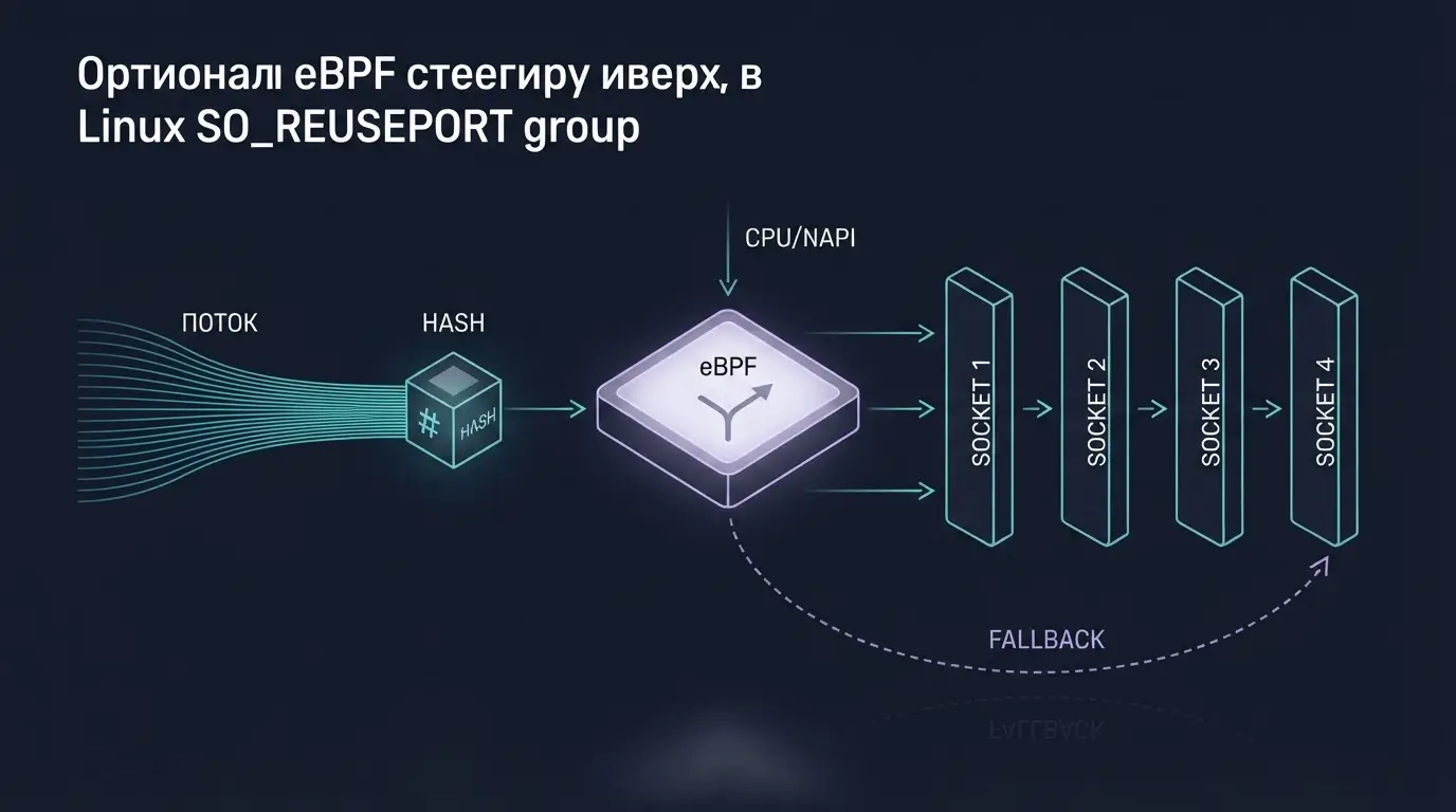 Схема eBPF steering внутри SO_REUSEPORT group с fallback