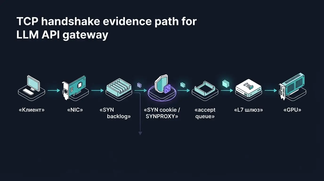 Путь TCP handshake от клиента через SYN backlog и SYNPROXY к LLM inference