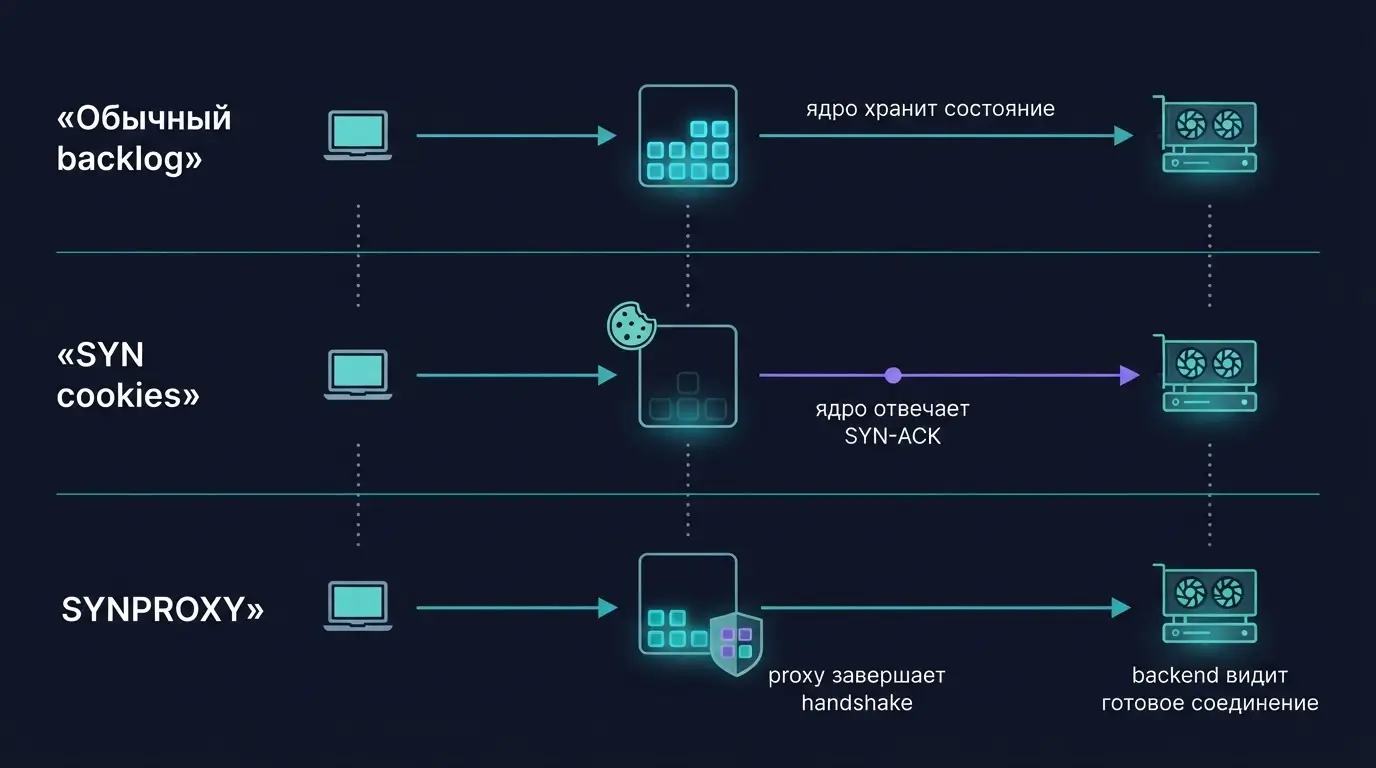Сравнение обычного SYN backlog, SYN cookies и nftables SYNPROXY