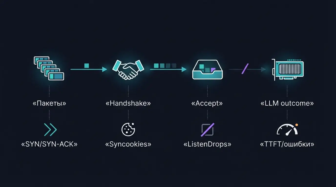 Evidence ladder инцидента: пакеты, handshake, accept и результат LLM API