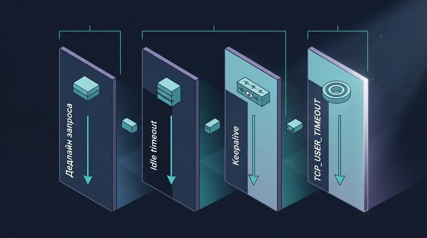 Схема различий между application timeout, idle timeout, keepalive и TCP_USER_TIMEOUT